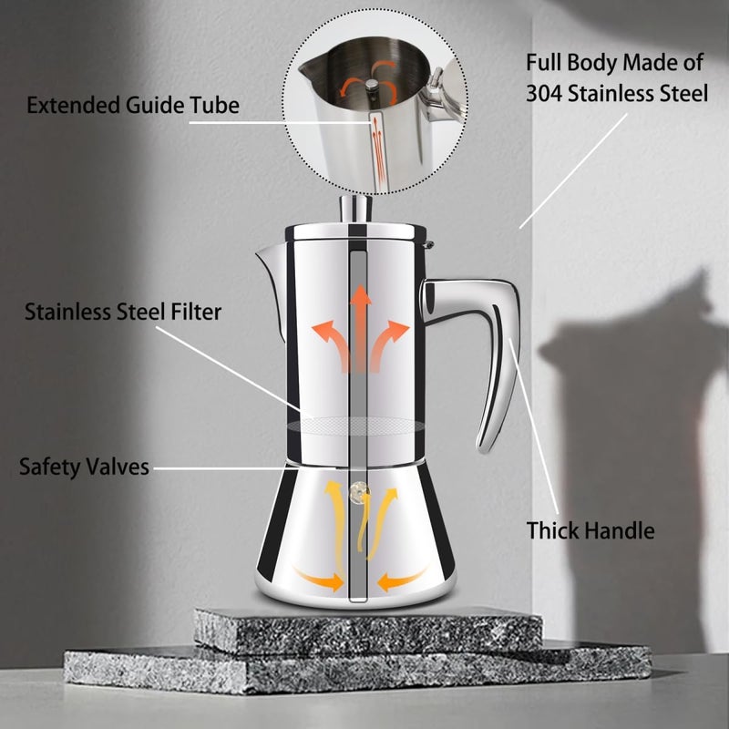 DITOSH 6 Cup Thickened 304 Stainless Steel Moka Pot Stovetop Espresso Maker Cafeteras Italian Percolator Espress Makers Capable Greca Mocha Coffee Machine for Induction Home and Camping 300ml 10oz - Image 3